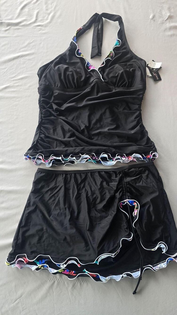 Island Escape Swimsuit Womens 20W Black Tankini Swim Skirt Floral Ruffle Halter